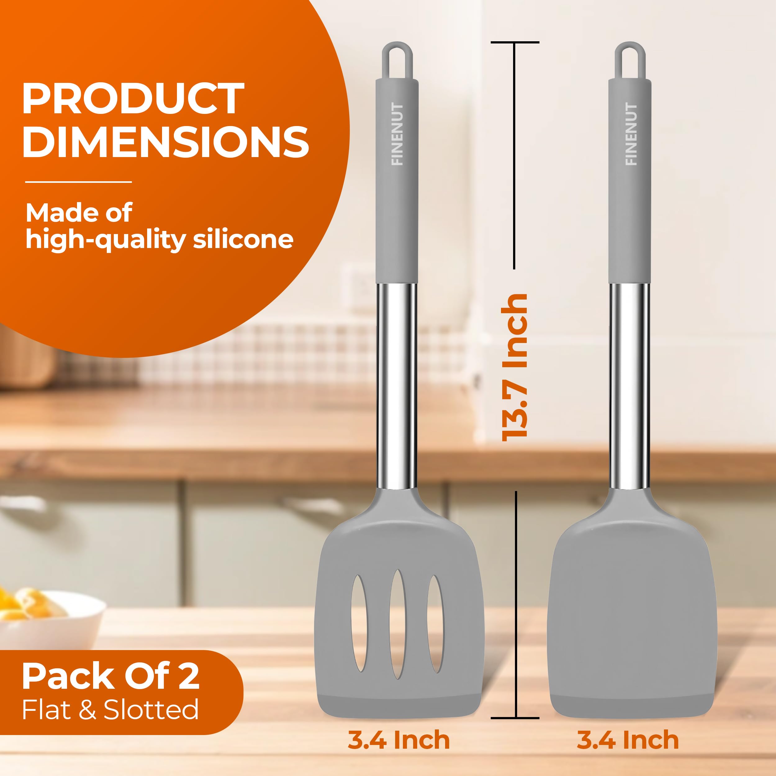 FINENUT beveled-edge design enables precise under-pan flip and lift.