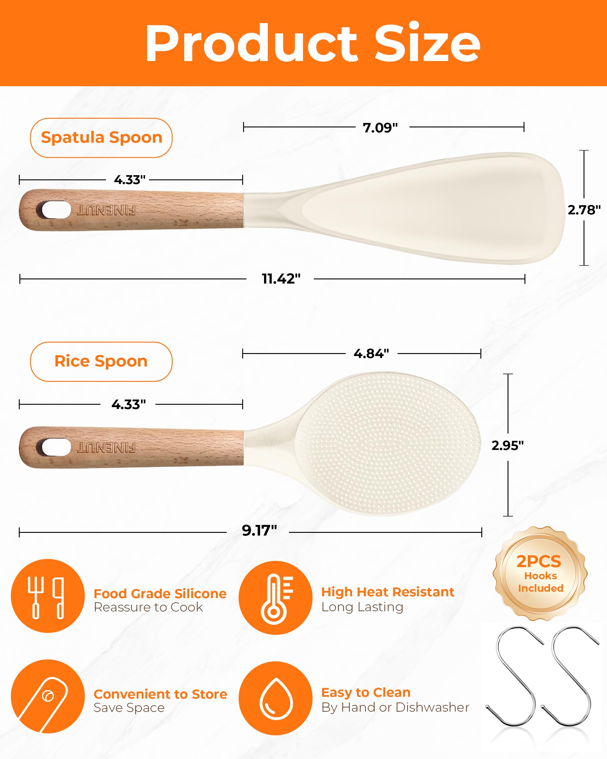FINENUT silicone spoon resists heat up to 446°F protecting nonstick pans