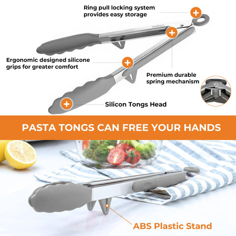 Finenut locking kickstand tong keeps hands clean during prep.