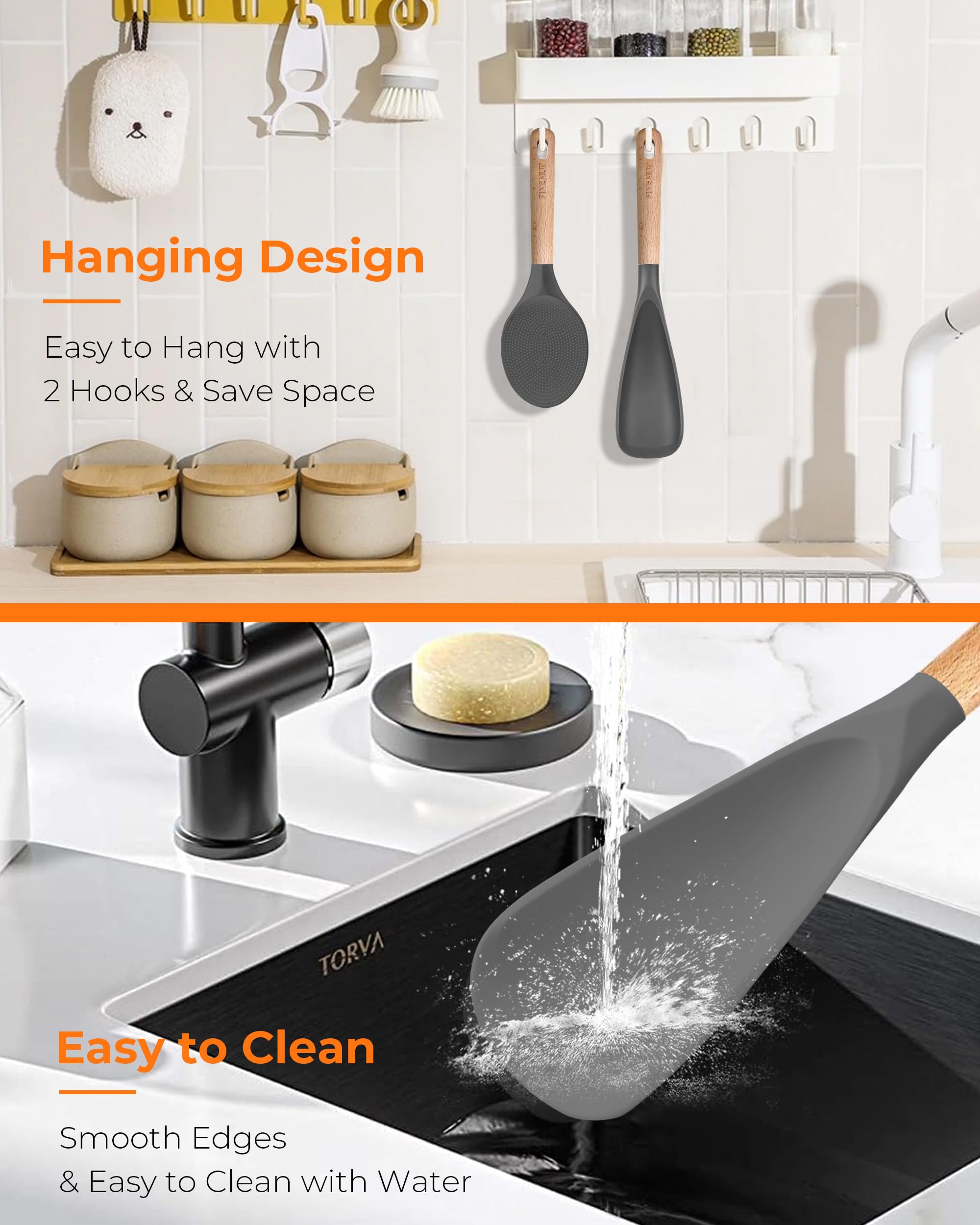 FINENUT rice serving spoon shown for spooning and stirring with confidence in nonstick cookware