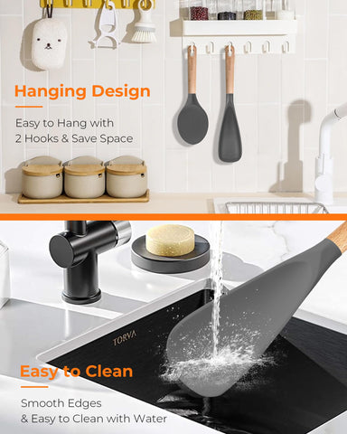 FINENUT rice serving spoon shown for spooning and stirring with confidence in nonstick cookware