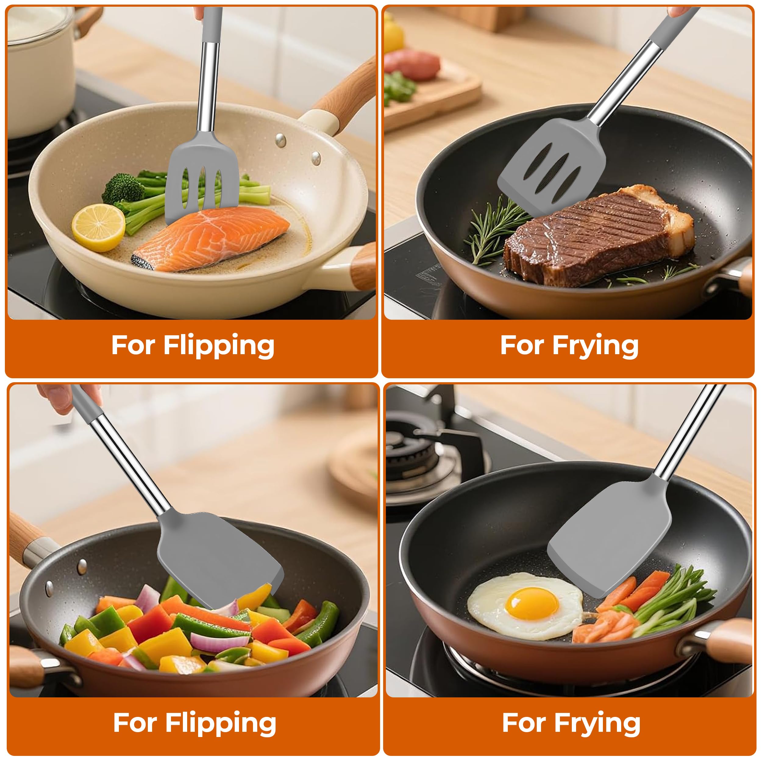FINENUT silicone spatula slotted head helps lift fries and pancakes safely.