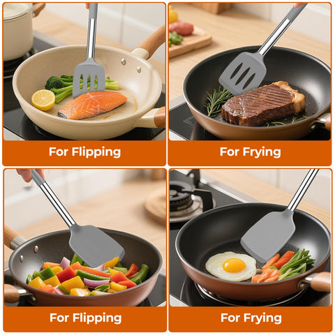 FINENUT silicone spatula slotted head helps lift fries and pancakes safely.