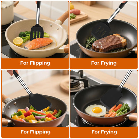 FINENUT silicone spatula slotted head lifts delicate foods without scratching