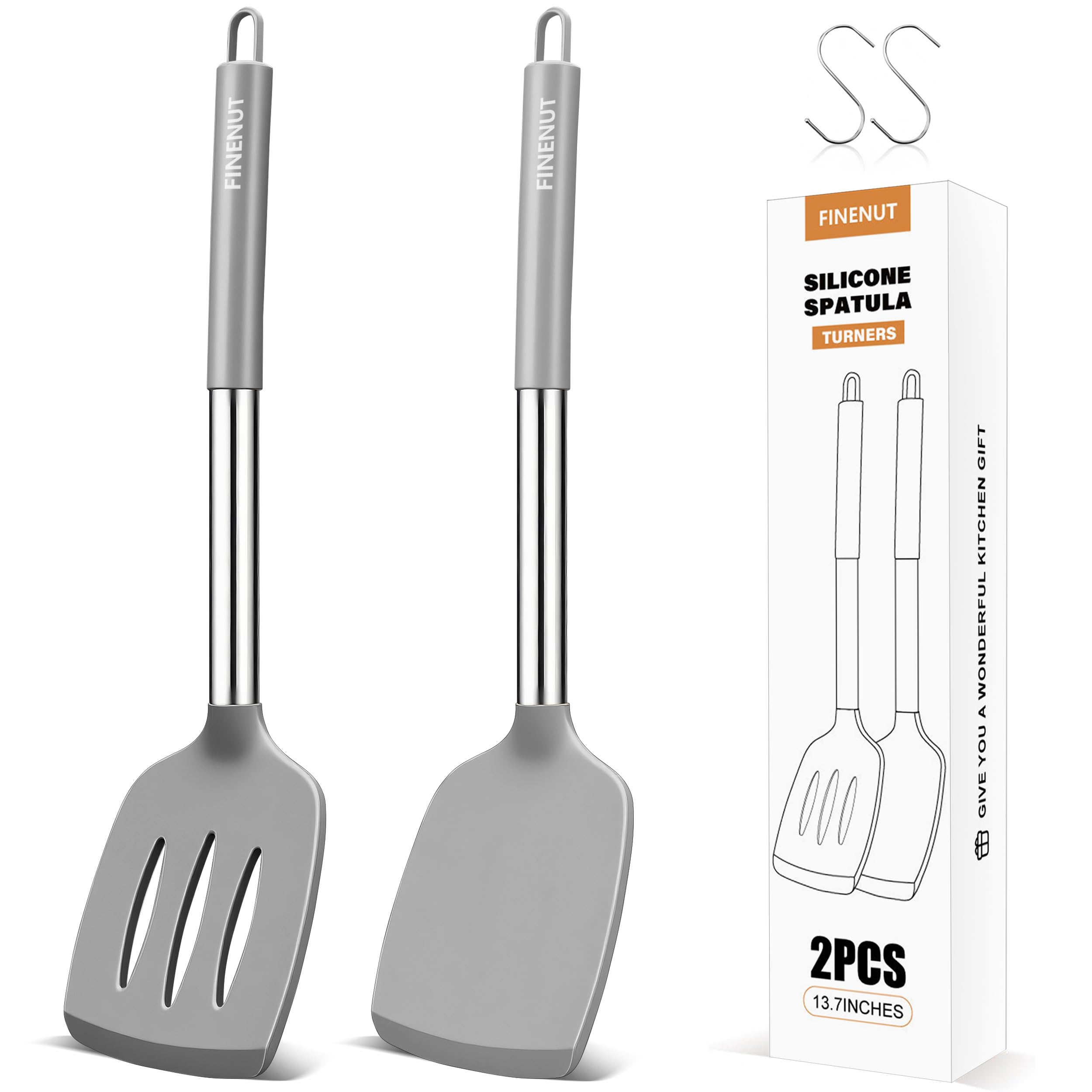 FINENUT silicone spatula solid head for gentle flipping without scratching nonstick pans.