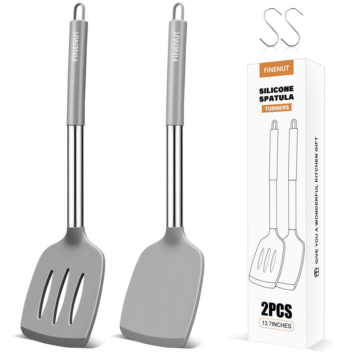 FINENUT silicone spatula solid head for gentle flipping without scratching nonstick pans.