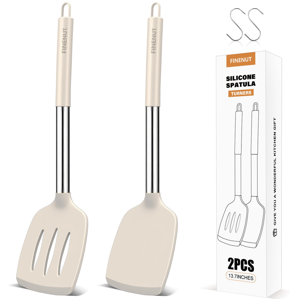 FINENUT silicone spatula solid; safe for nonstick pans and precision flipping.