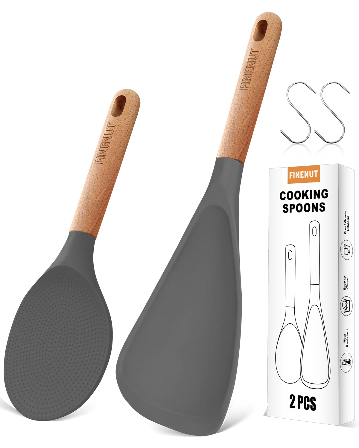 FINENUT silicone spatula spoon 2-pack gray assembly highlighting dual-use design for cooking and serving