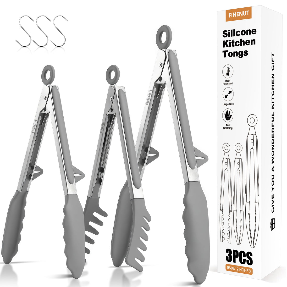 Finenut 3-piece tong set in stainless steel with silicone tips for versatile cooking.