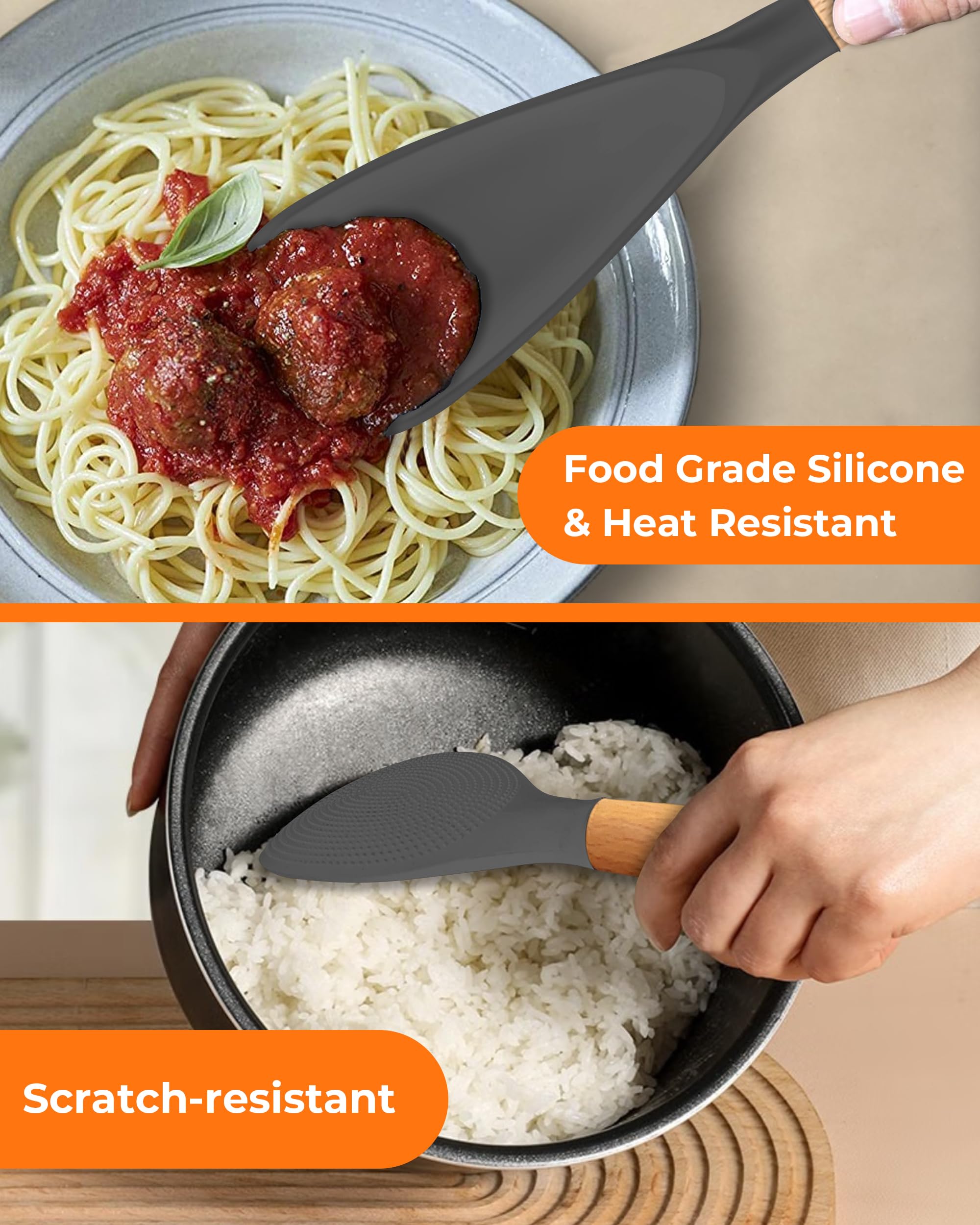 FINENUT wooden-handle spatula spoon gray in hand demonstrates comfortable grip for precise control