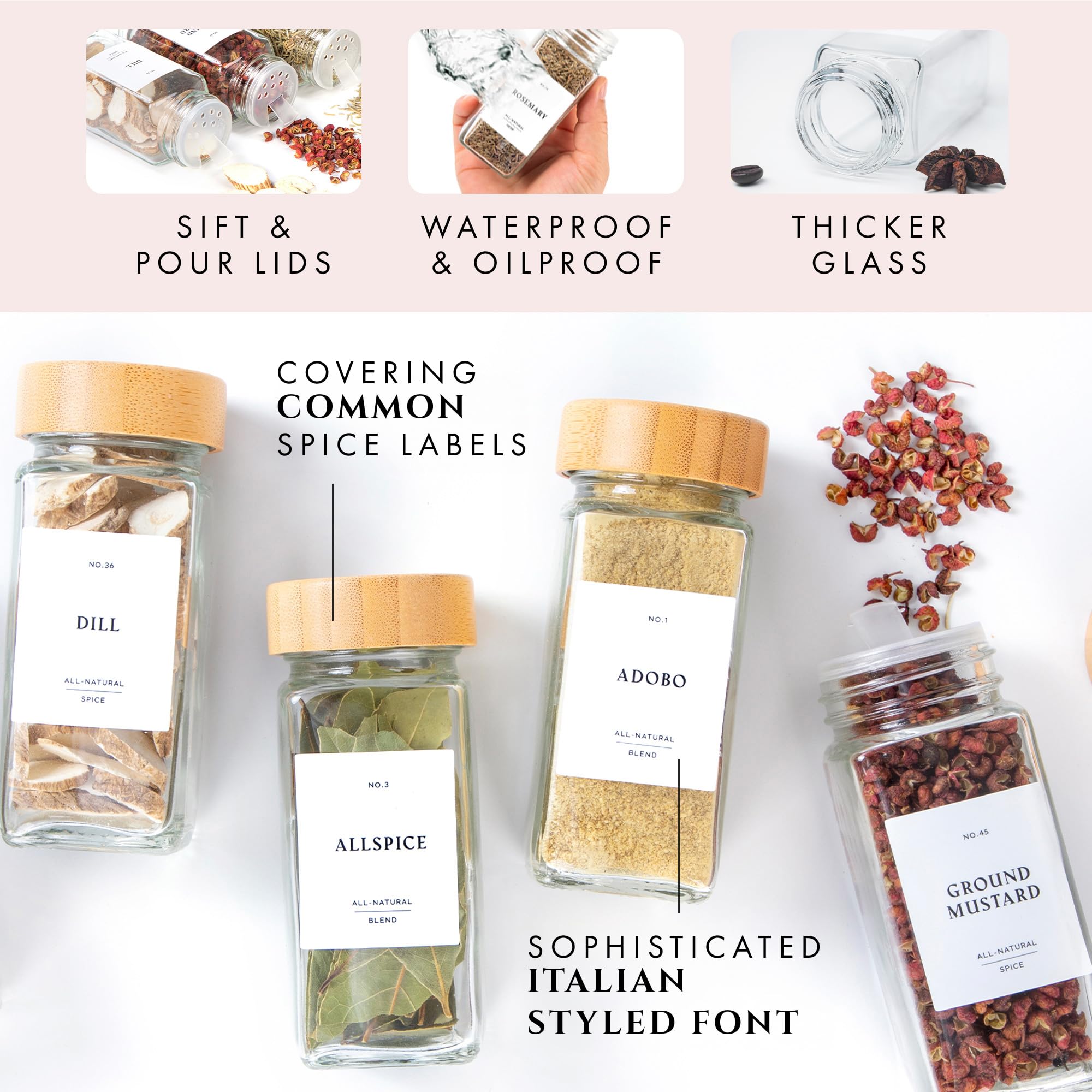 FINESSY 240 waterproof labels with Italian typography on spice jars.