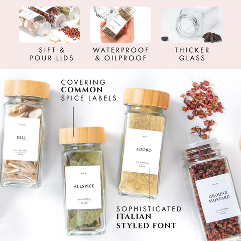 FINESSY 240 waterproof labels with Italian typography on spice jars.