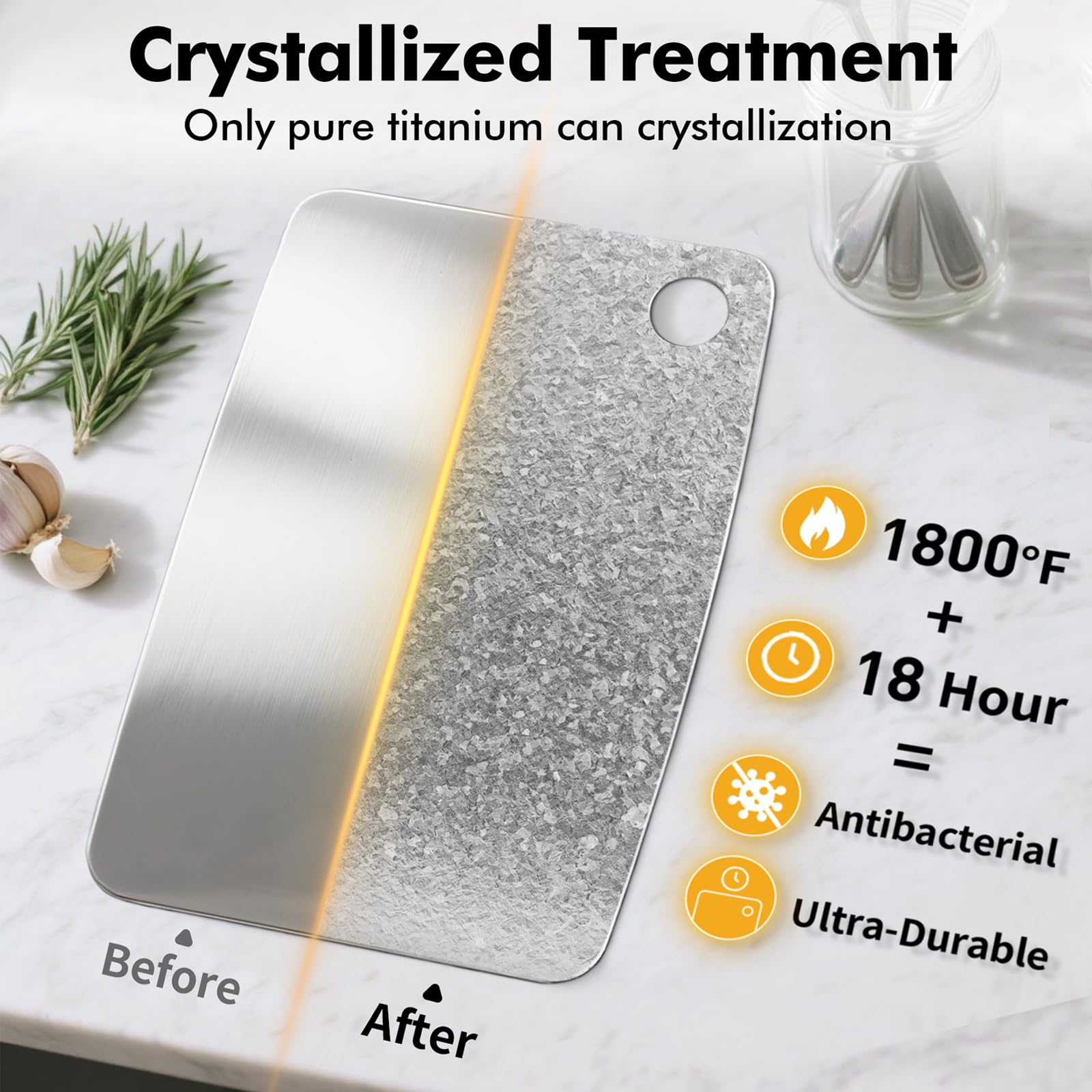 FineYorker titanium cutting board with crystallized treatment for durability.