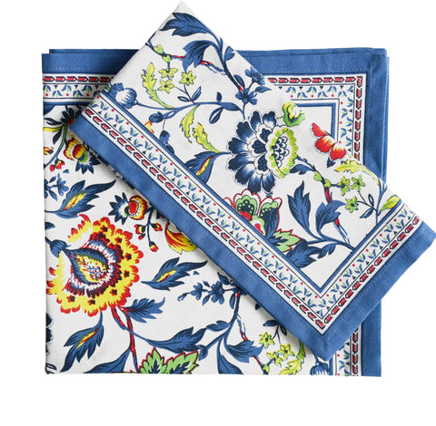Fingercraft blue floral cloth napkins on a dining table for an elegant setup