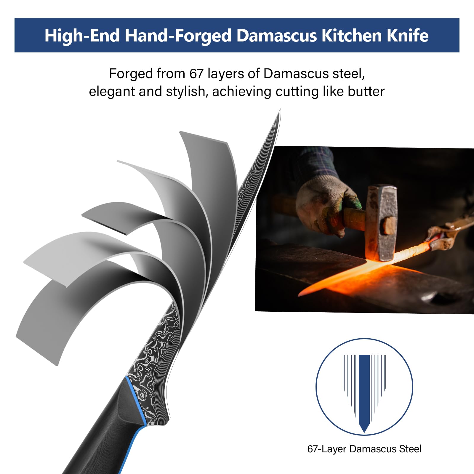 FINTISO blade shows 67-layer Damascus steel pattern for sharp edge.