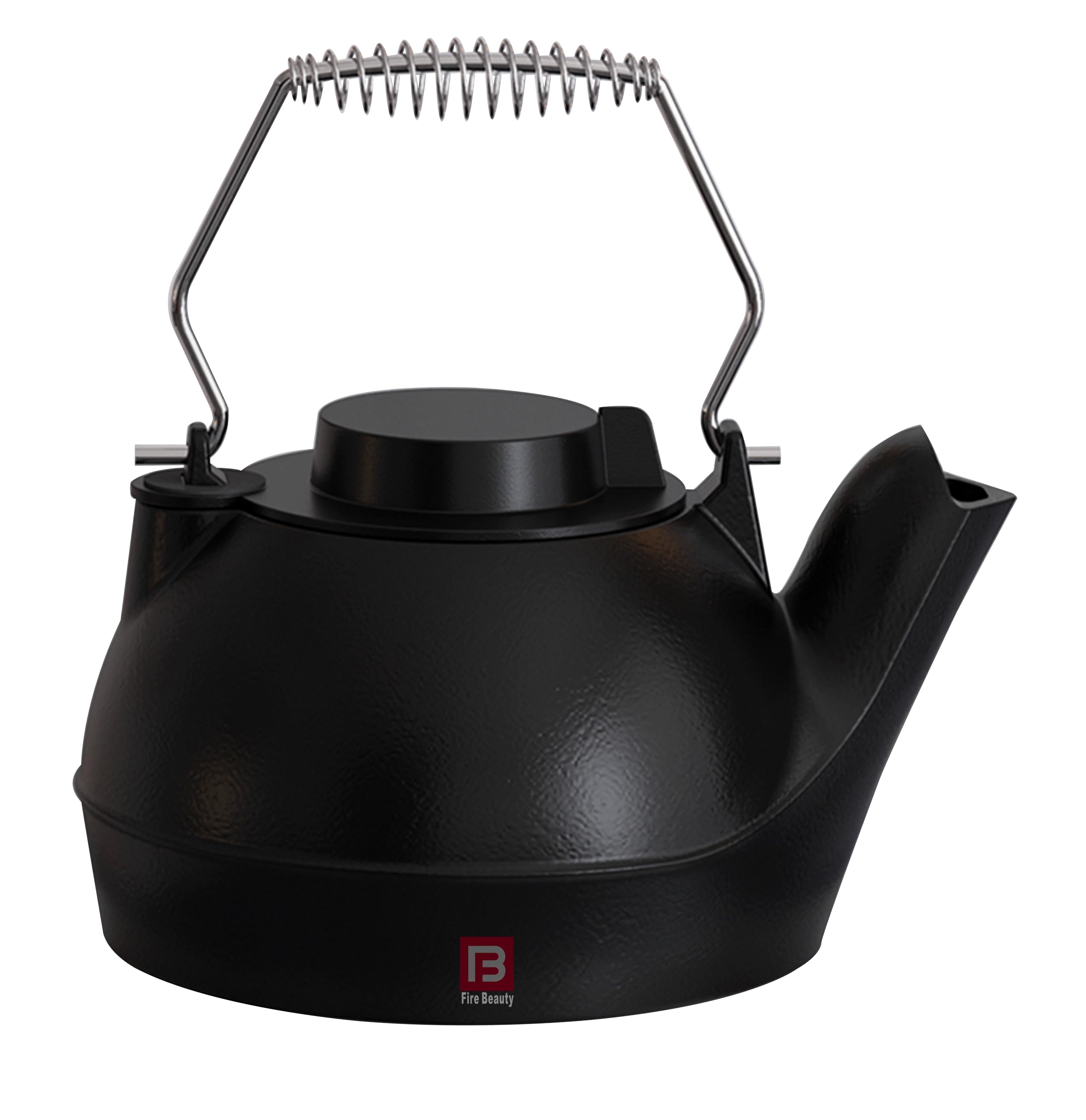 Fire Beauty humidifying iron kettle on stove pouring steam to humidify a room.