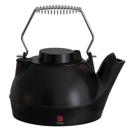 Fire Beauty humidifying iron kettle on stove pouring steam to humidify a room.