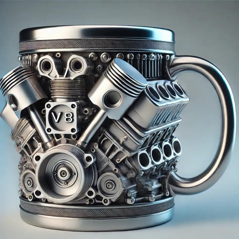 FirFiltr V8 mug with detailed 3D design for car enthusiasts.
