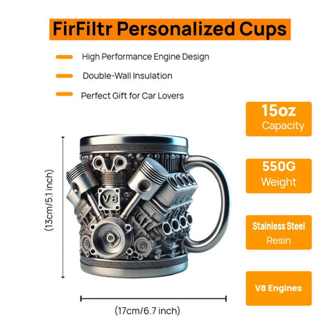 FirFiltr insulated-handle mug keeps beverages warm during garage sessions.