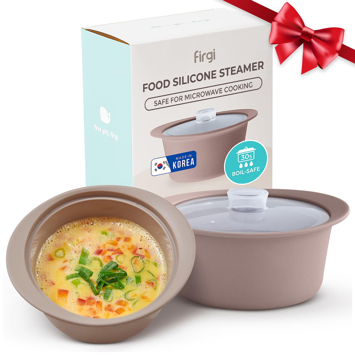 Firgi 27oz silicone steamer pot with handle and lid for quick microwaving.