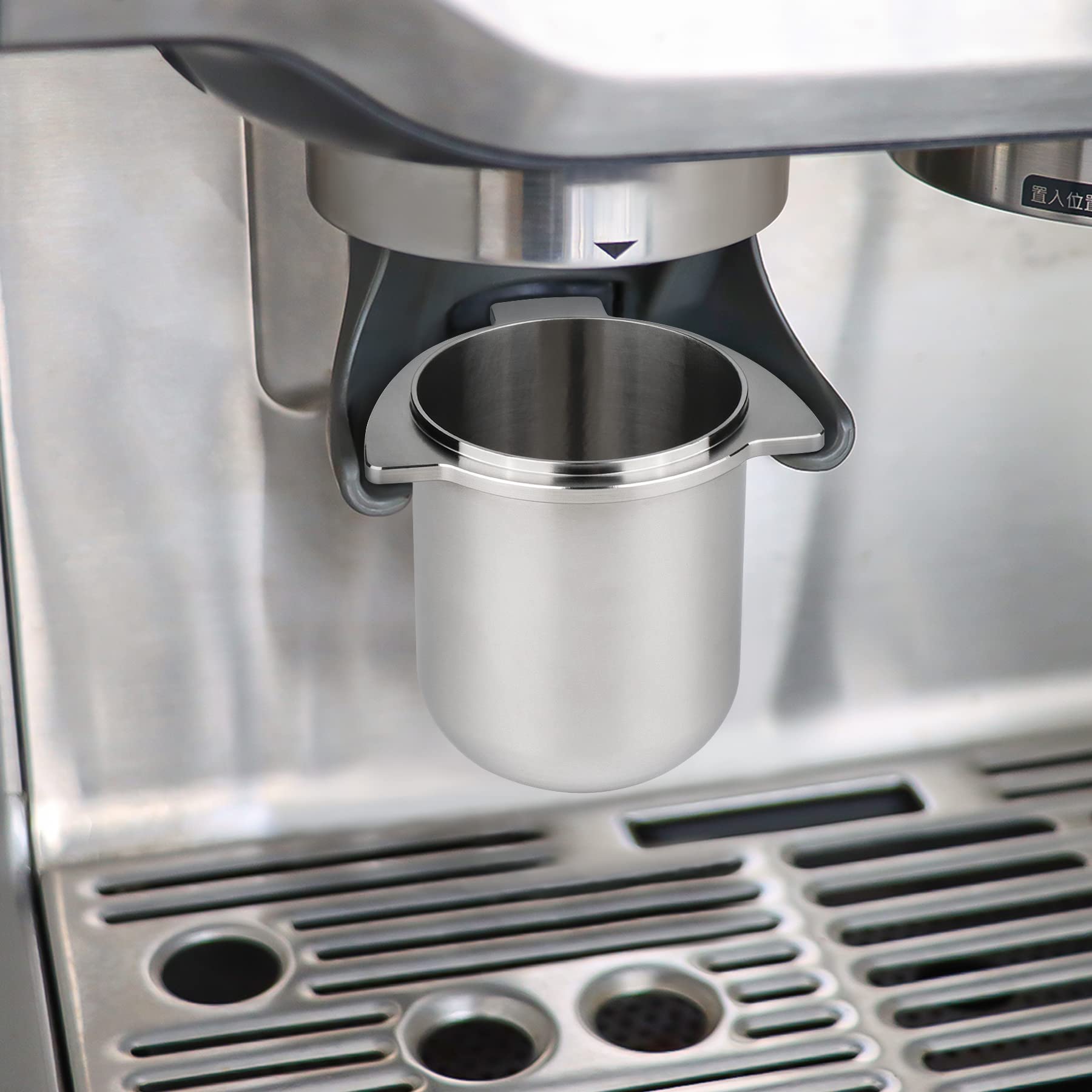 Hands-free grinding with FIRJOY dosing cup and tab-activated Breville grinder.