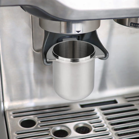 Hands-free grinding with FIRJOY dosing cup and tab-activated Breville grinder.