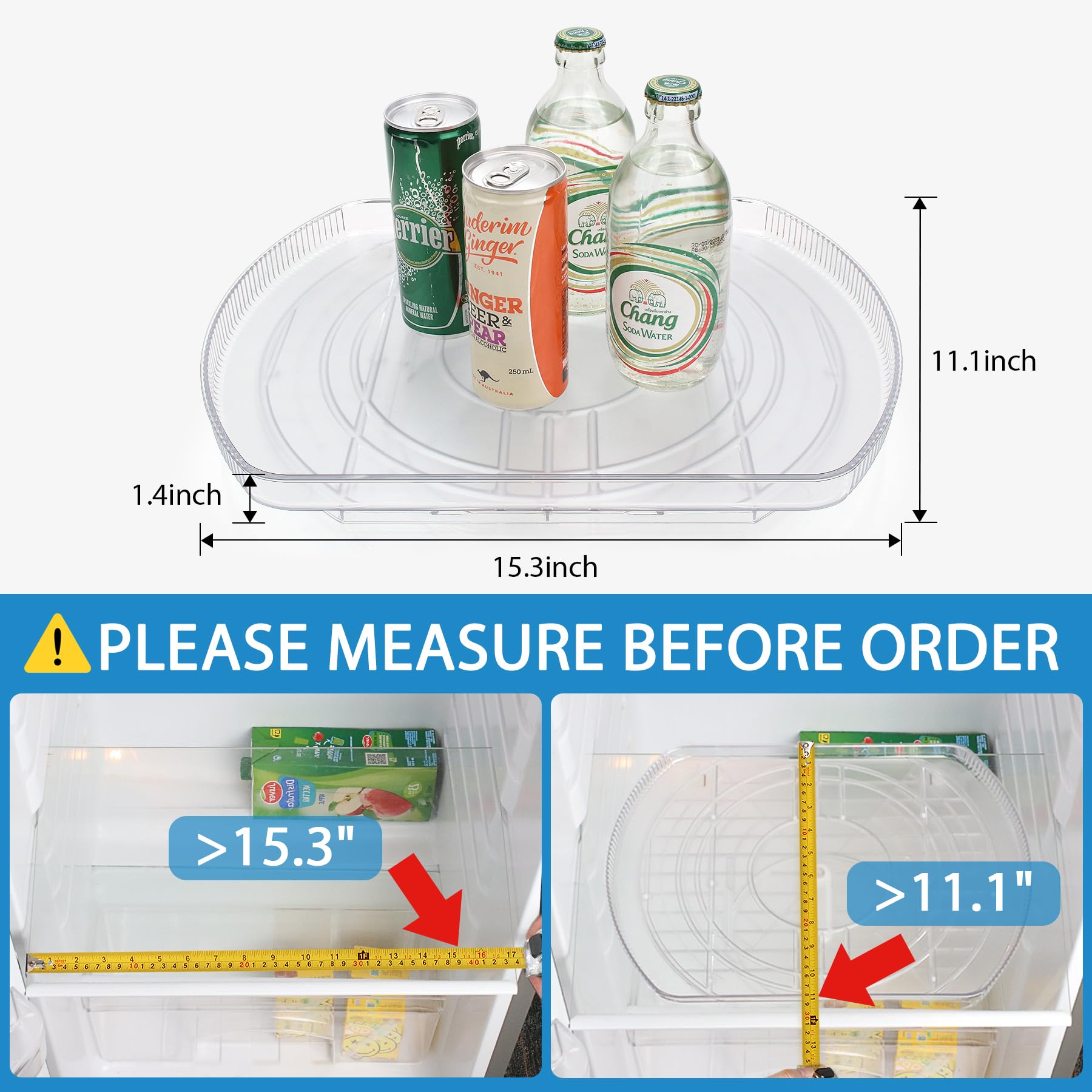 FIRJOY rectangle lazy susan top view, clear fridge organization