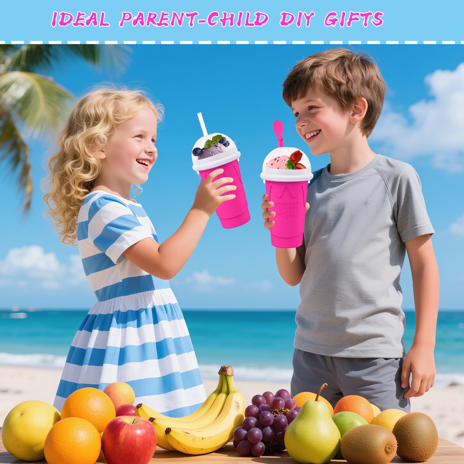 Firjuty slushie cup in use, pouring drink for a DIY frozen treat.