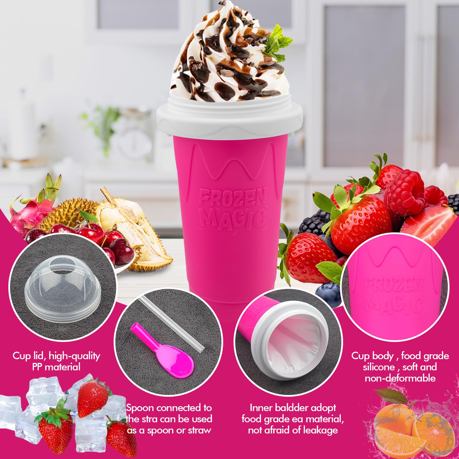 Firjuty Slushie Cup two-in-one spoon and straw in use.
