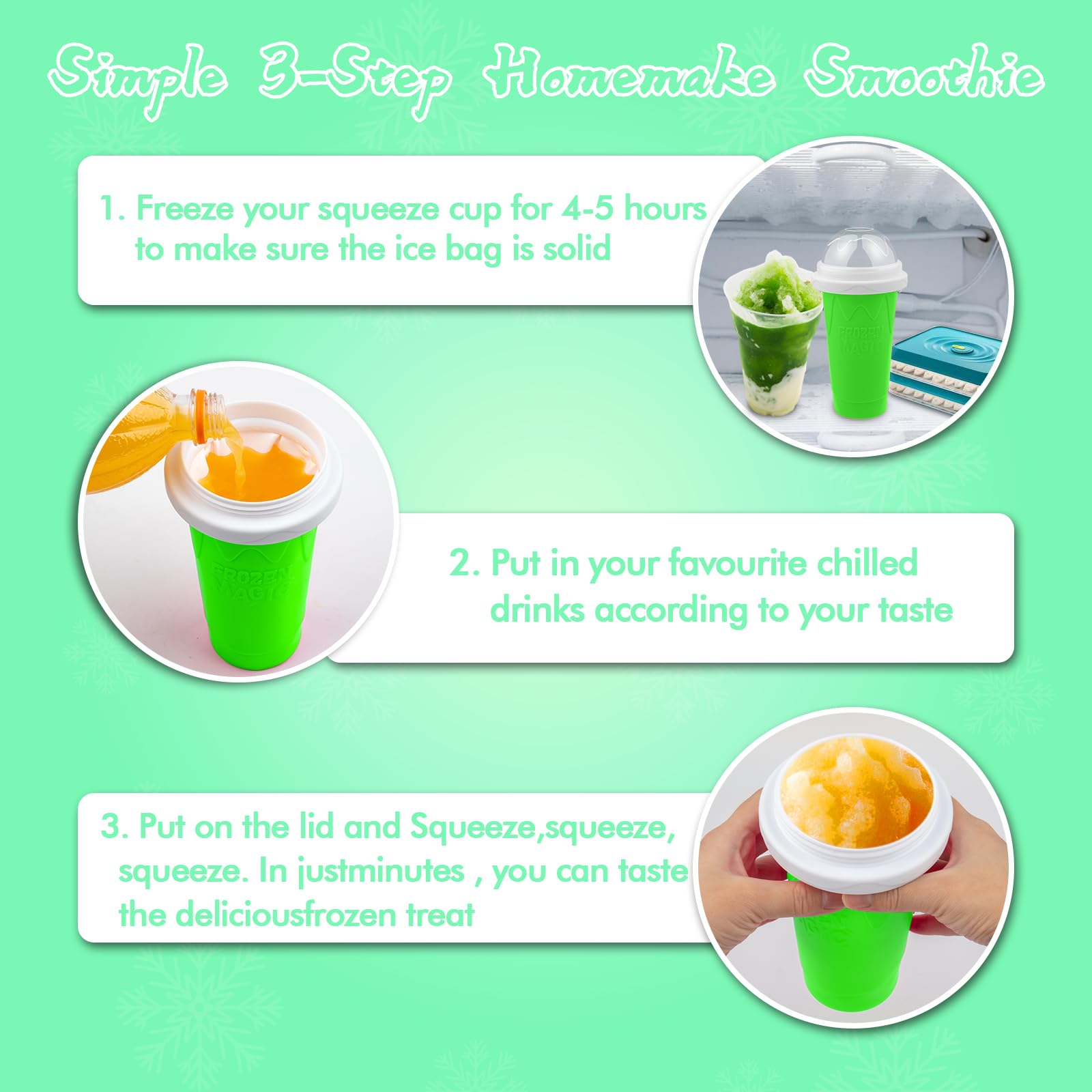 Easy-to-use slush cup showing step-by-step freezing and squeezing process.