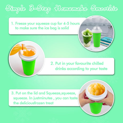 Easy-to-use slush cup showing step-by-step freezing and squeezing process.