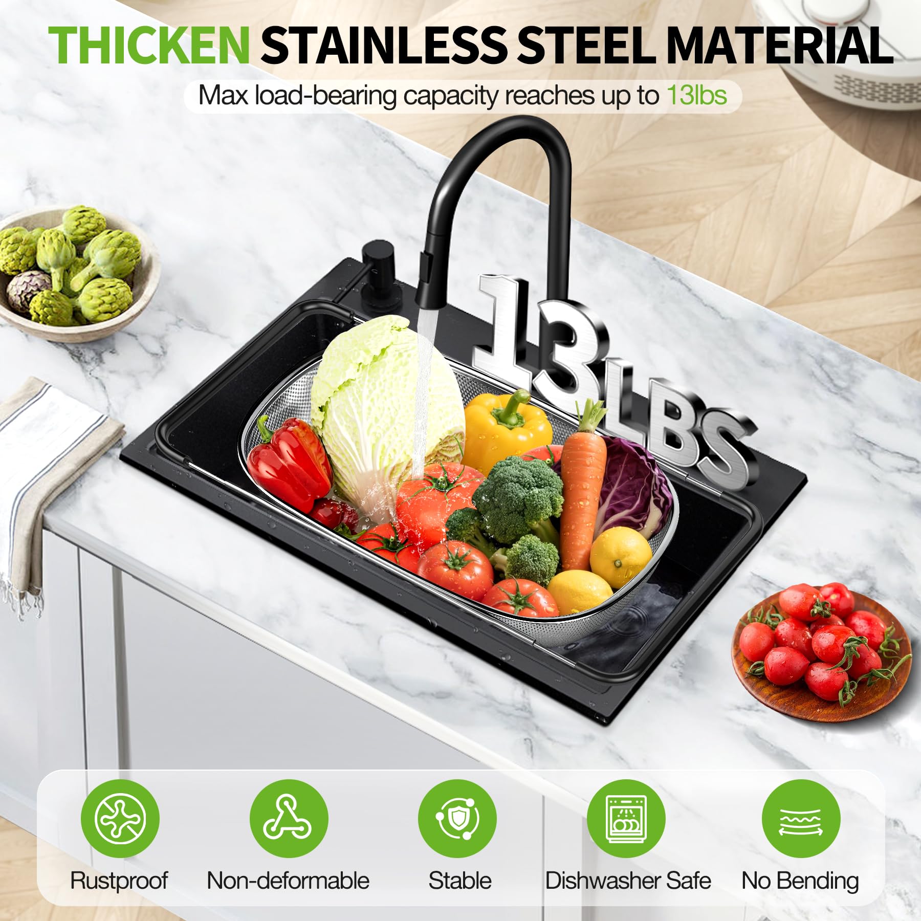 FirstE colander with a thickened frame ensures stable performance under load.