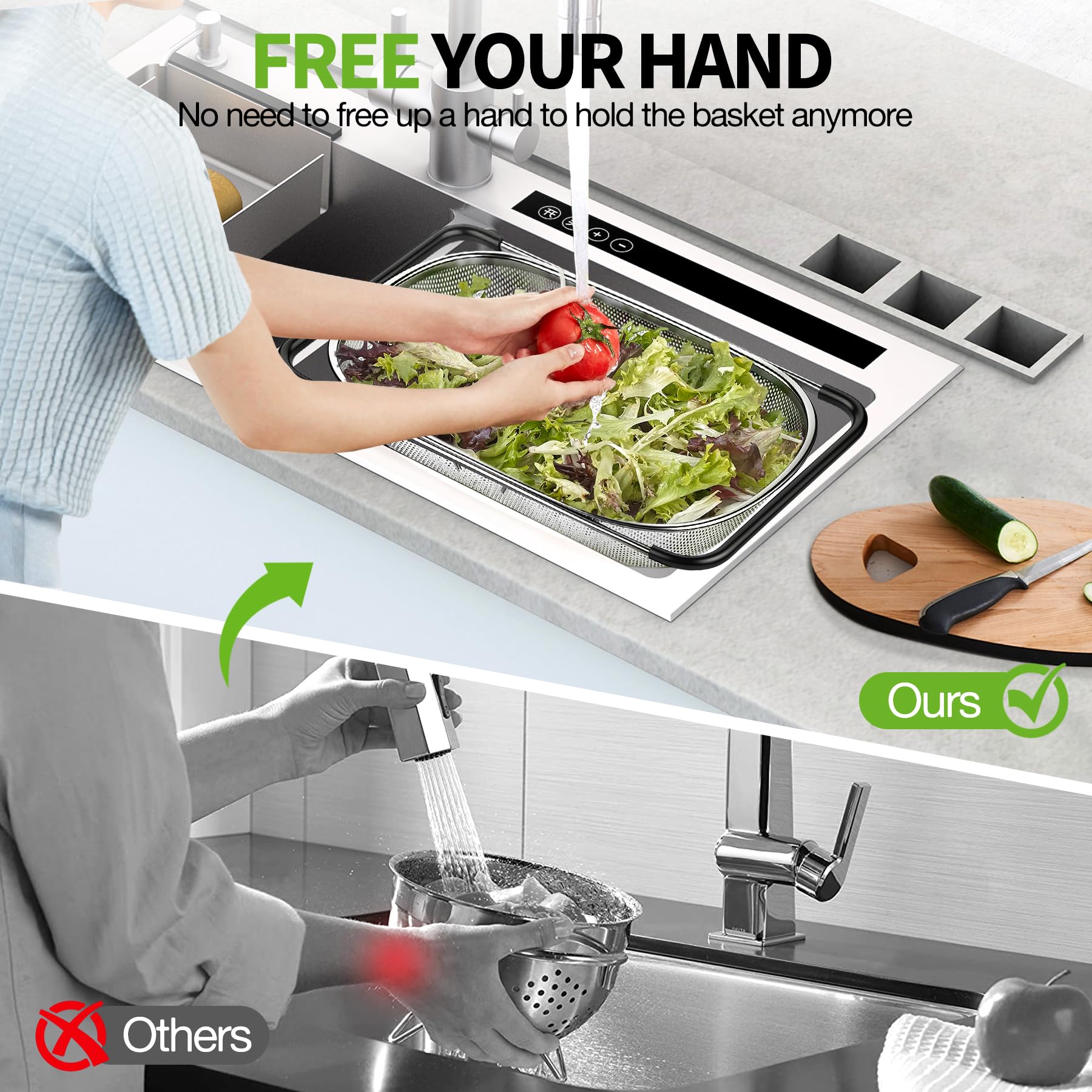 FirstE fine mesh design drains water while keeping small ingredients contained.