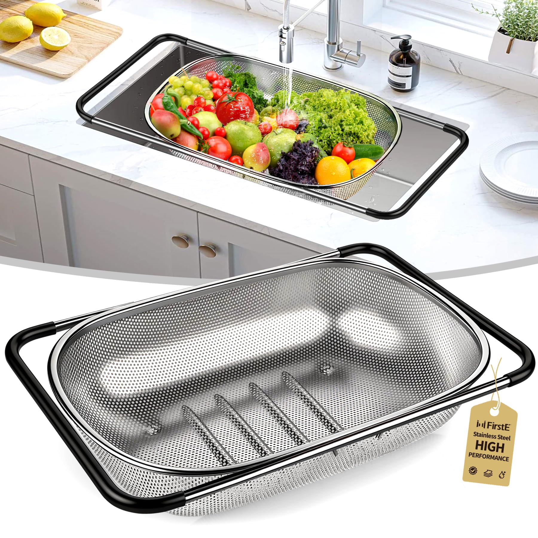 FirstE over-the-sink colander with expandable handle fits any sink size.