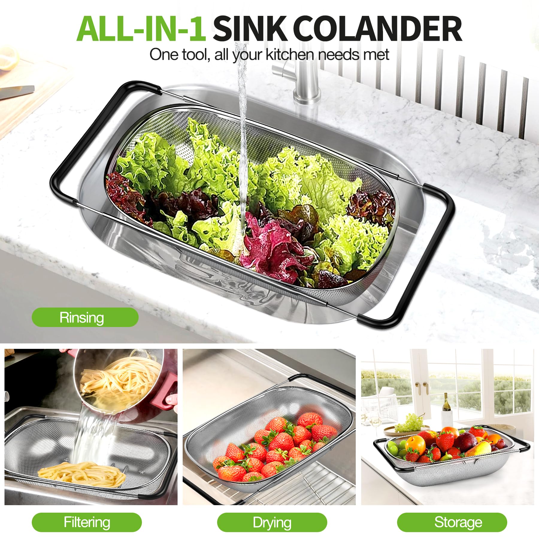 FirstE over-the-sink colander makes pasta and produce rinsing simple.