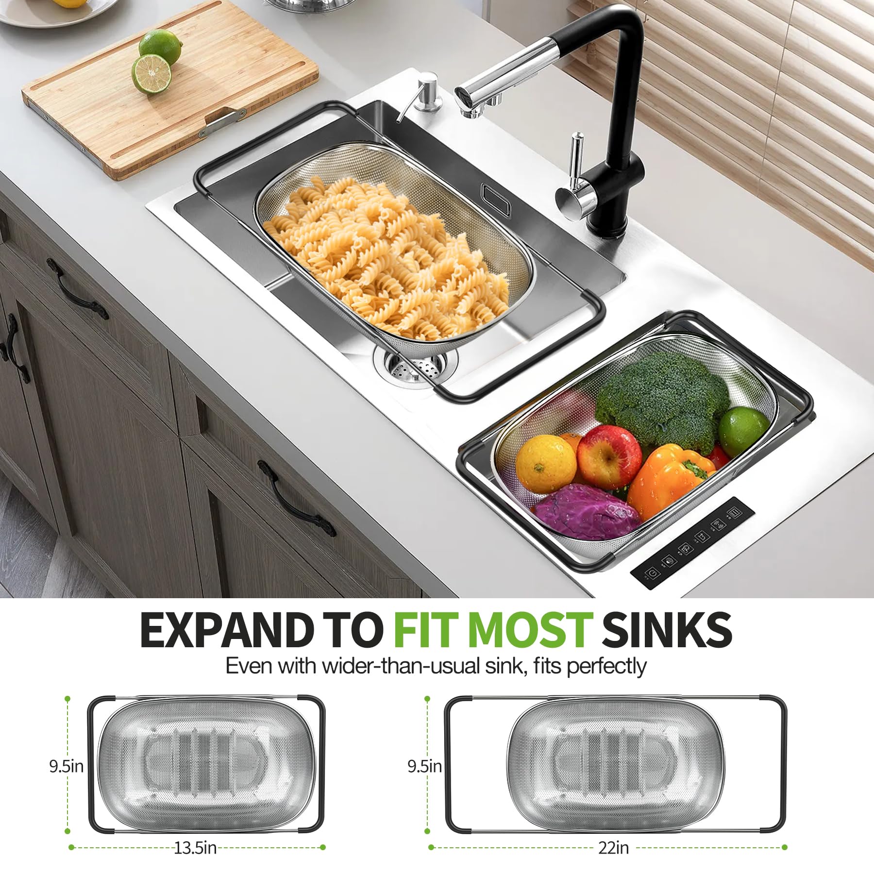 FirstE stainless steel colander with large capacity for washing produce.