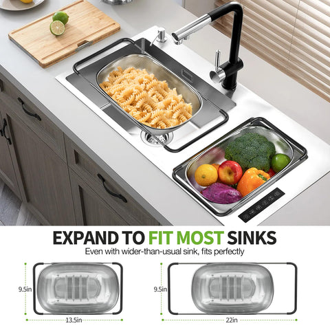 FirstE stainless steel colander with large capacity for washing produce.