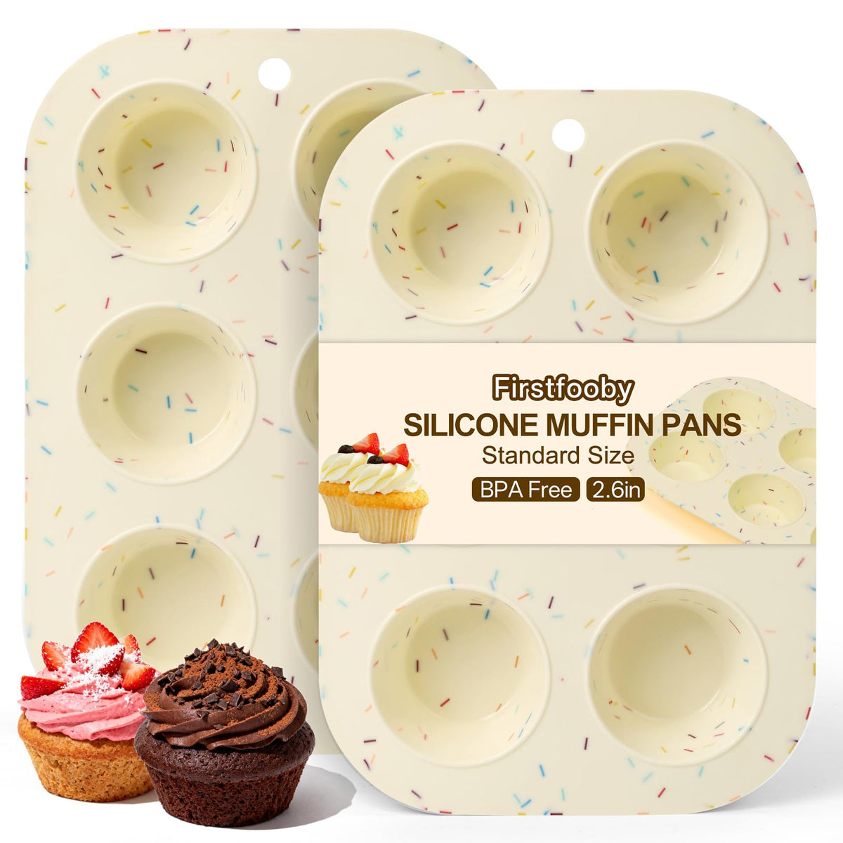 Firstfooby silicone muffin pan with 6 cups for easy muffin release.