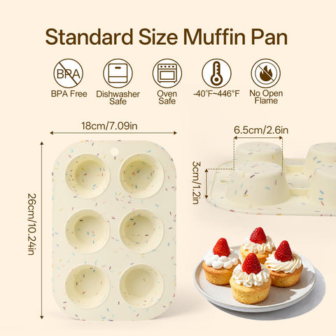 Firstfooby muffin pan close-up shows flexible odorless cups for smooth release.