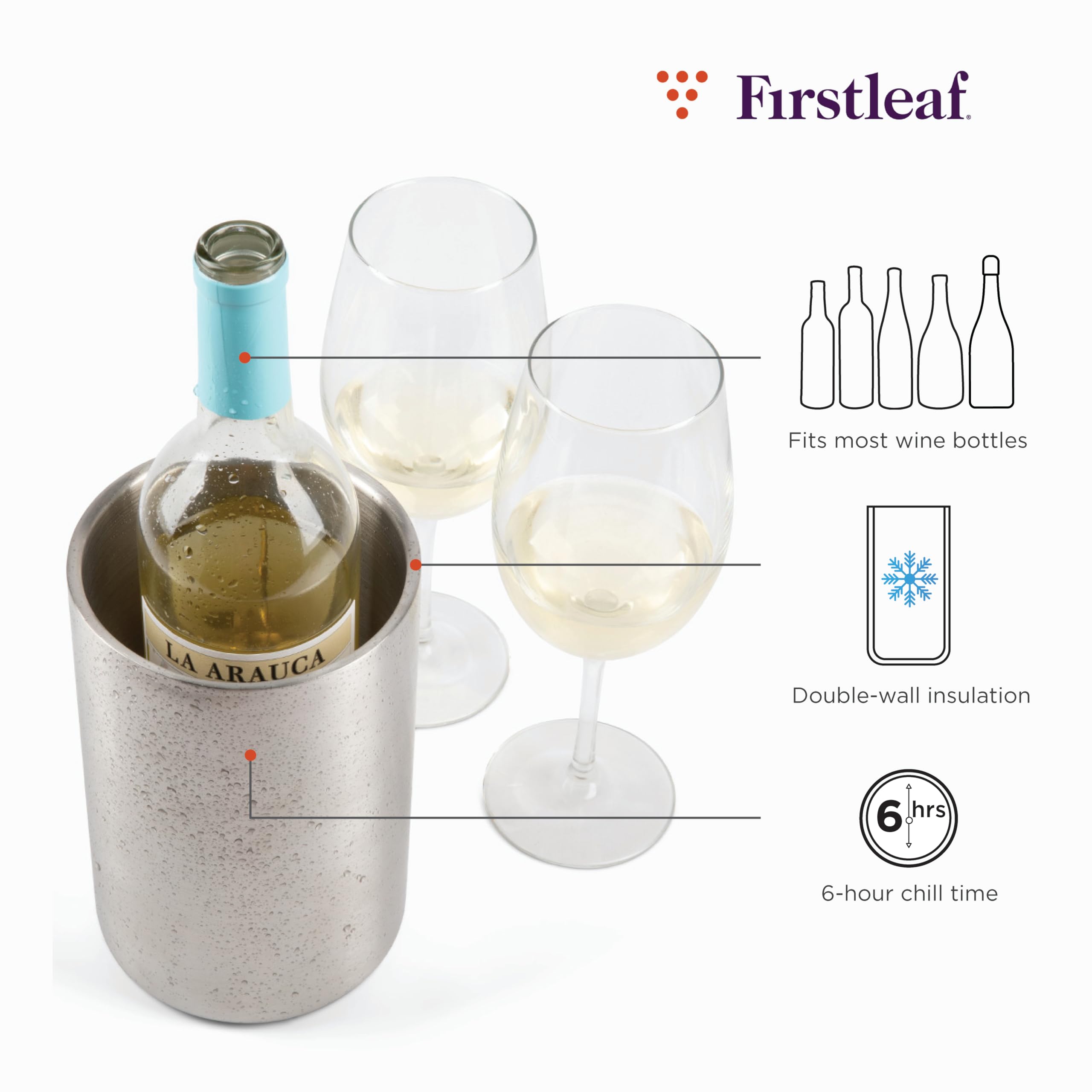 Firstleaf stainless steel wine chiller side view highlights compact, condensation-free cooling.