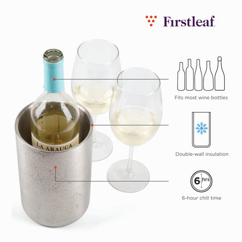 Firstleaf stainless steel wine chiller side view highlights compact, condensation-free cooling.