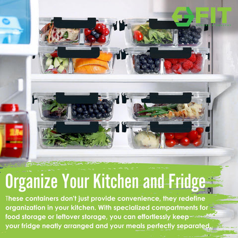 FIT Strong & Healthy 3-compartment glass container ideal for organized meal prep on busy days