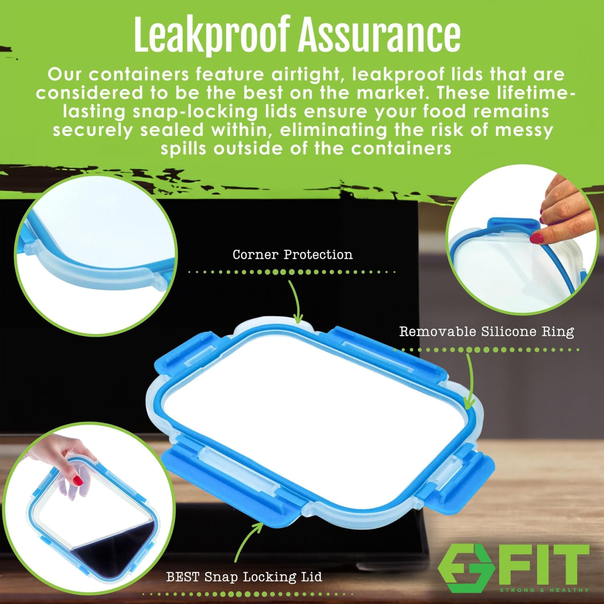 FIT Strong & Healthy airtight lid demonstrates secure seal on blue container