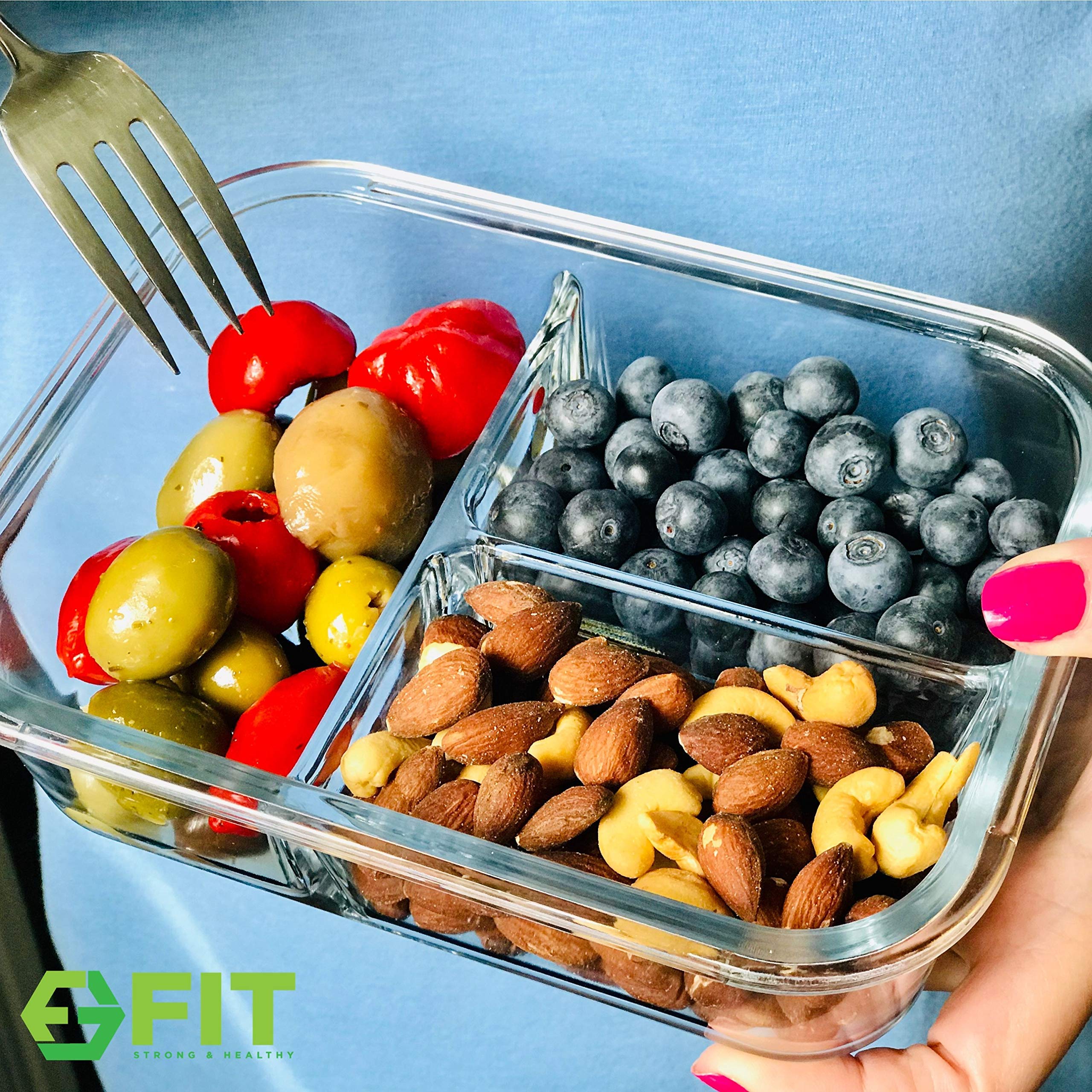 FIT Strong & Healthy blue glass meal prep set in kitchen.