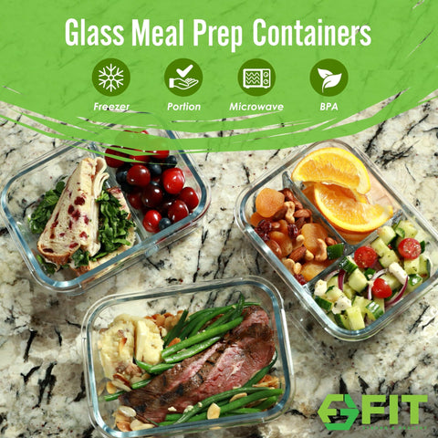 FIT Strong & Healthy glass 2-compartment meal prep container for balanced meals.