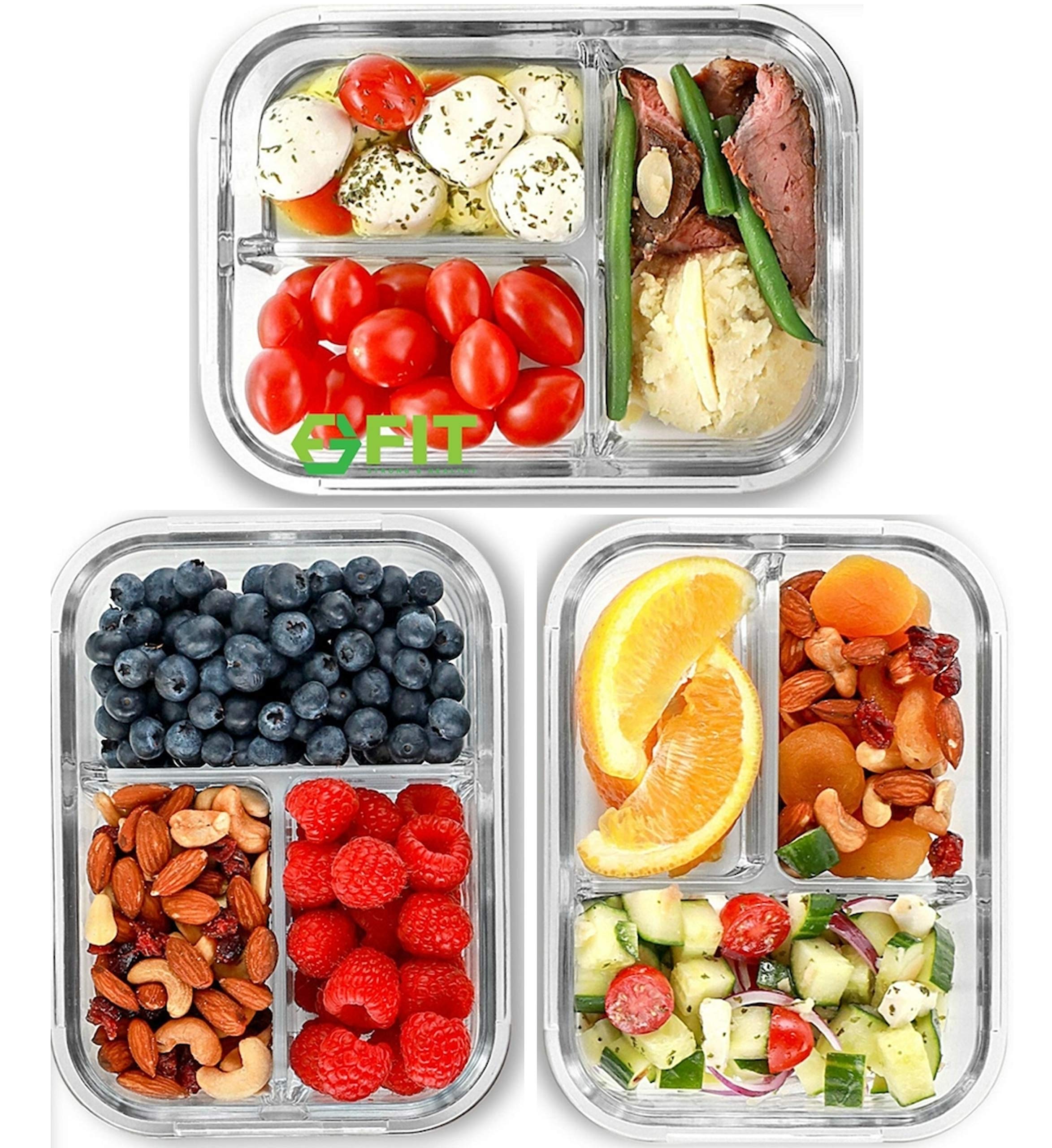 FIT Strong & Healthy glass meal prep container, front view with three compartments for portioning