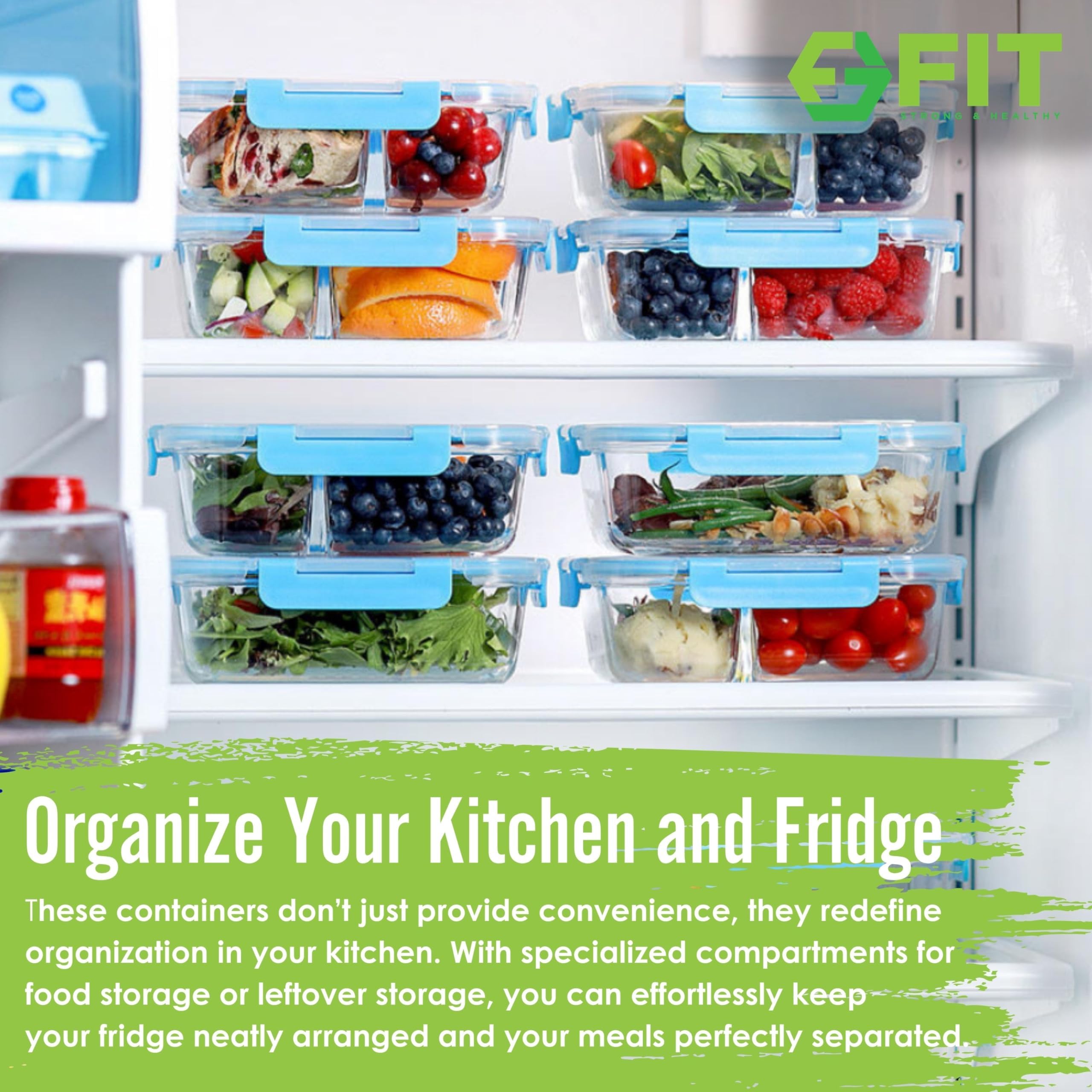 FIT Strong & Healthy glass 3-compartment meal prep container for versatile lunches.