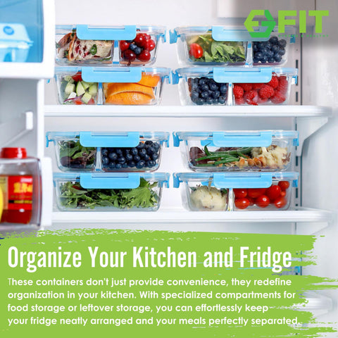 FIT Strong & Healthy glass 3-compartment meal prep container for versatile lunches.