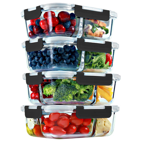 FIT Strong and Healthy glass meal prep container with two compartments for balanced portions.