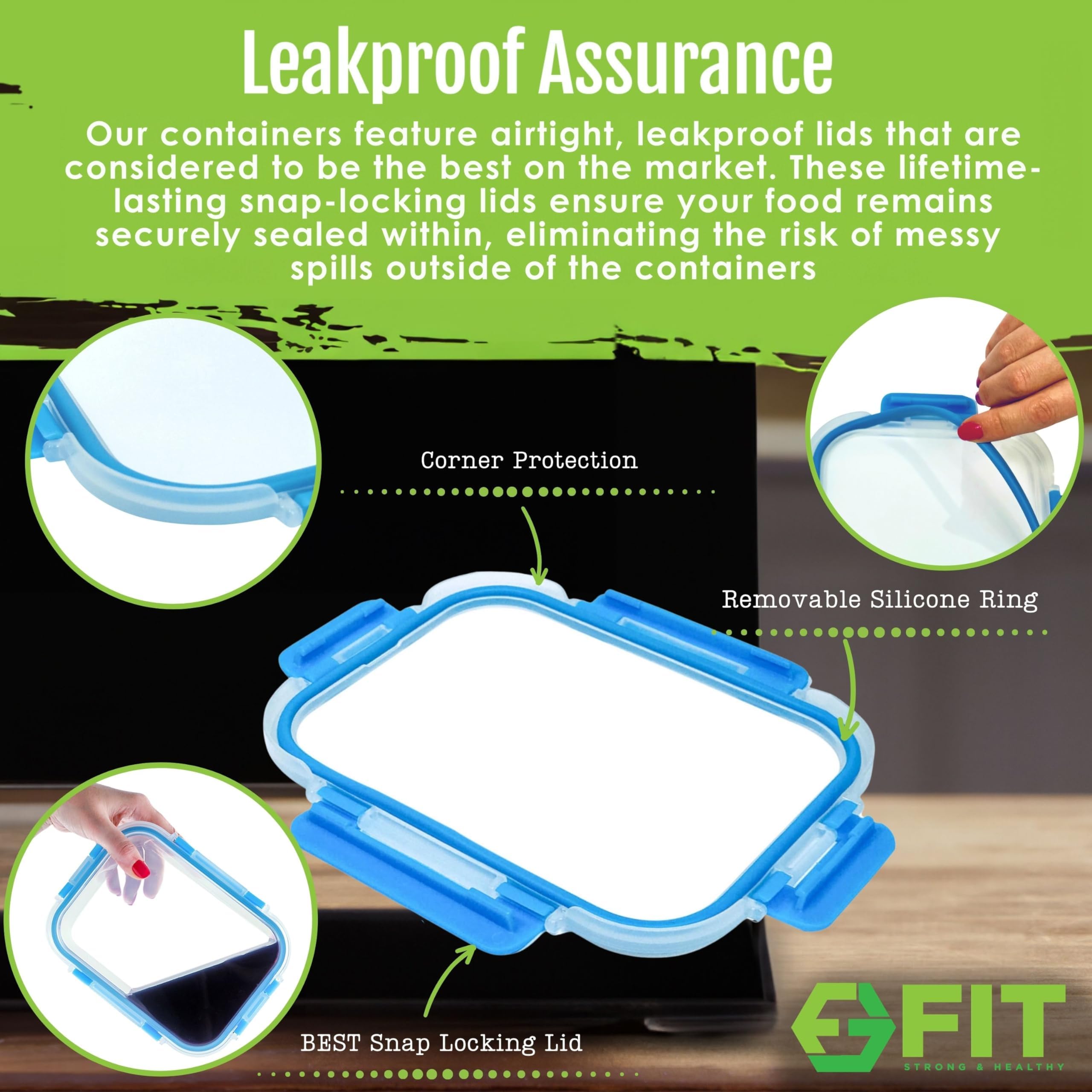 FIT Strong & Healthy leak-proof lid close-up on glass container for secure storage.